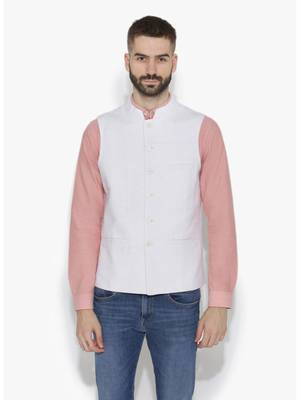 White Woven Cotton Nehru Jacket 1
