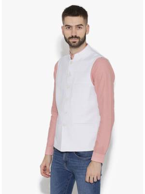 White Woven Cotton Nehru Jacket 2