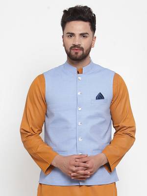 Blue Woven Cotton Nehru Jacket 1
