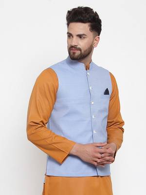 Blue Woven Cotton Nehru Jacket 2