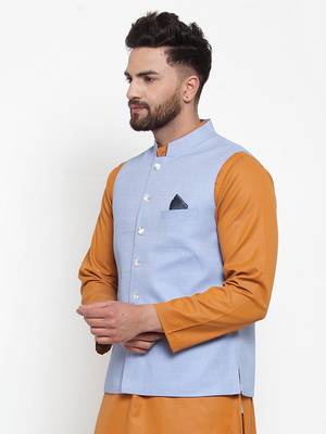 Blue Woven Cotton Nehru Jacket 3