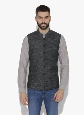 Black Woven Cotton Nehru Jacket 1