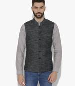 Black Woven Cotton Nehru Jacket