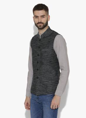 Black Woven Cotton Nehru Jacket 2