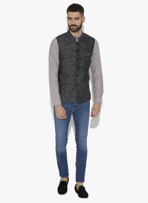 Black Woven Cotton Nehru Jacket 3