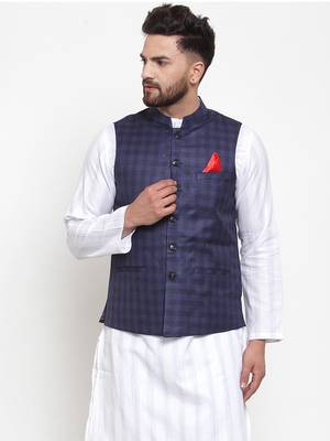 Blue Woven Blended Cotton Nehru Jacket 1