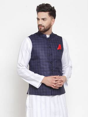 Blue Woven Blended Cotton Nehru Jacket 2