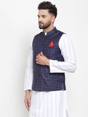Blue Woven Blended Cotton Nehru Jacket 3
