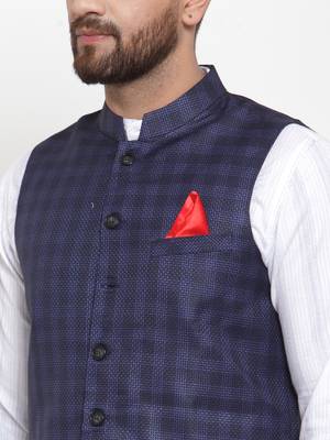 Blue Woven Blended Cotton Nehru Jacket 5