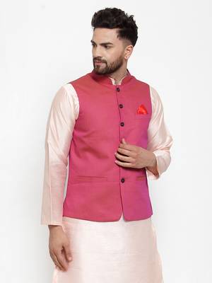 Pink Woven Dupion Silk Nehru Jacket 2