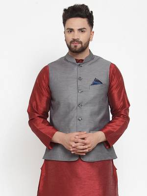 Grey Woven Cotton Nehru Jacket 1