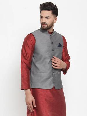 Grey Woven Cotton Nehru Jacket 2