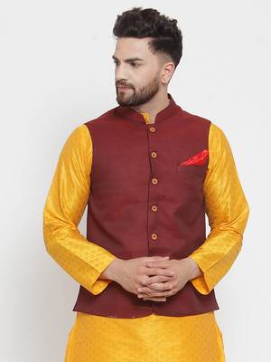 Maroon Woven Cotton Nehru Jacket 1