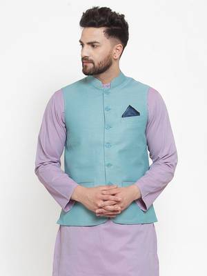 Turquoise Woven Cotton Nehru Jacket 1