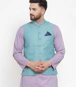 Turquoise Woven Cotton Nehru Jacket