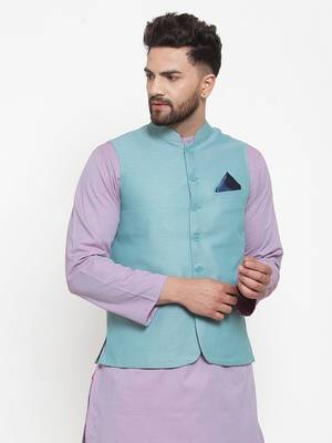 Turquoise Woven Cotton Nehru Jacket 2