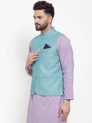 Turquoise Woven Cotton Nehru Jacket 3