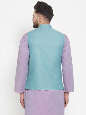 Turquoise Woven Cotton Nehru Jacket 4