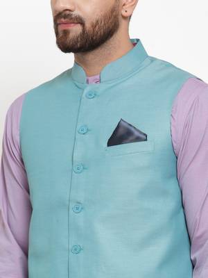 Turquoise Woven Cotton Nehru Jacket 5