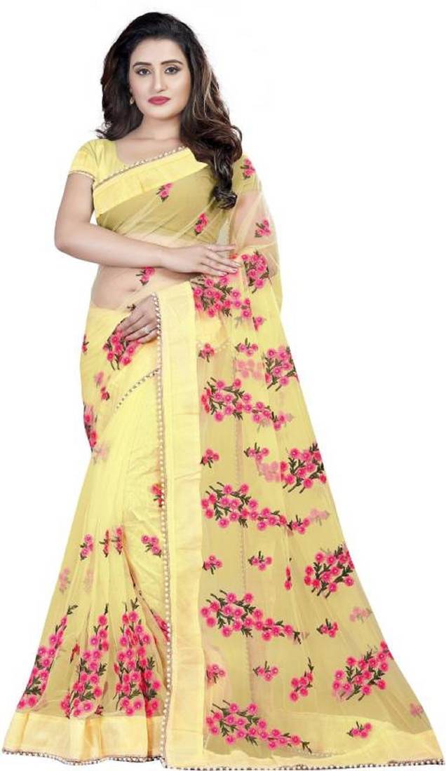 Yellow embroidered net saree with blouse