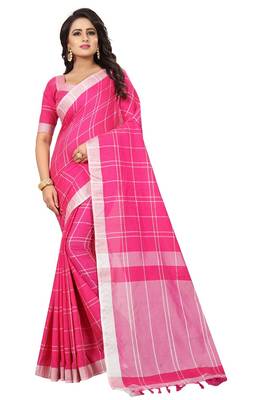 Pink plain cotton saree with blouse 1