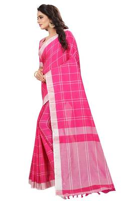 Pink plain cotton saree with blouse 3