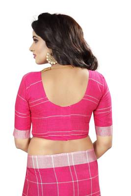 Pink plain cotton saree with blouse 5