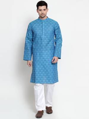 Blue woven cotton kurta-pajama 1