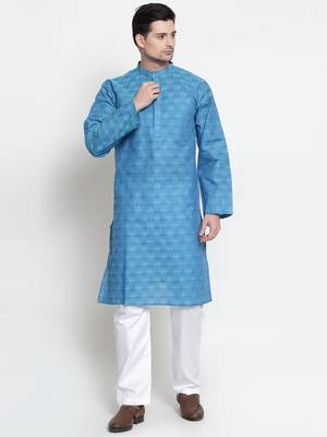 Blue woven cotton kurta-pajama 3