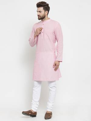 Pink woven cotton kurta-pajama 3