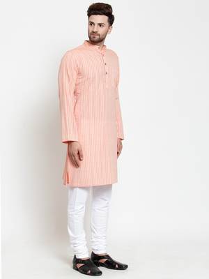 Orange woven cotton kurta-pajama 2
