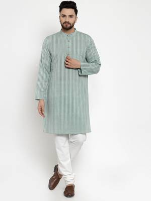 Green woven cotton kurta-pajama 1