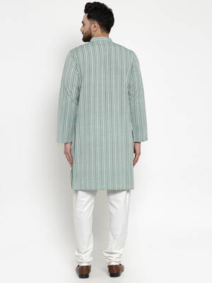 Green woven cotton kurta-pajama 3