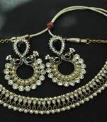 Kundan Necklace with Pearls & Black stones & Long Round Earrings with Black peacock moti, pearls and white stones