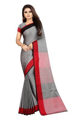 Grey plain cotton saree with blouse 1