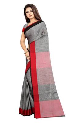 Grey plain cotton saree with blouse 3