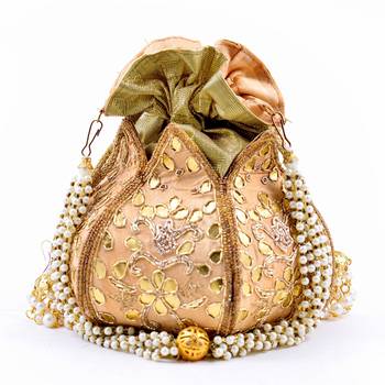 Worthyy Collections Silk Potli in Gold with Embroidery & Gota Patti work 1