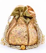 Worthyy Collections Silk Potli in Gold with Embroidery & Gota Patti work