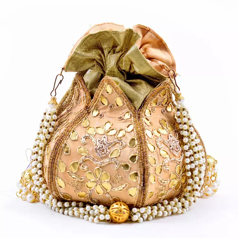 Worthyy Collections Silk Potli in Gold with Embroidery & Gota Patti work