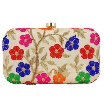 Worthyy Collections Embroidered Party Clutch Bag White & Multicolored 1
