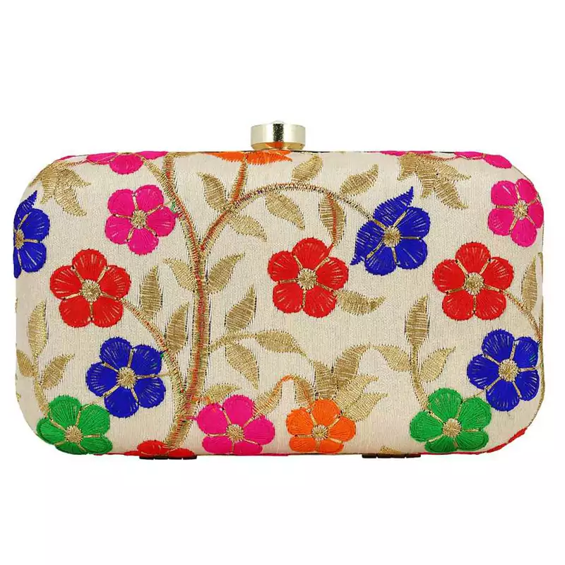 WORTHYY COLLECTIONS EMBROIDERED PARTY CLUTCH BAG WHITE & MULTICOLORED