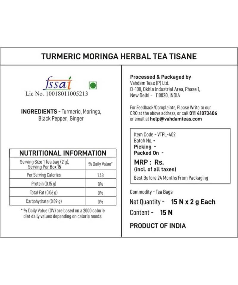 15 Tea Bags Of Turmeric Moringa Herbal Tea Tisane By Vahdam 