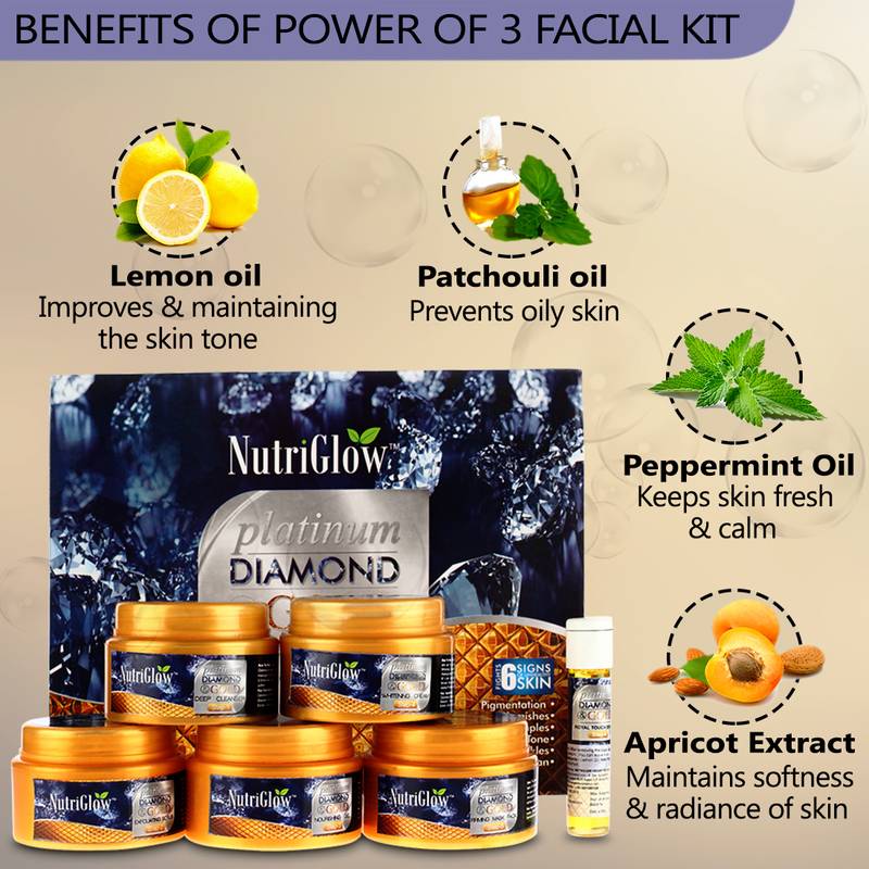 50gms +10ml Of Platinum, Diamond & Gold Facial Kit ,Power of 3 Facial Kit By NutriGlow 