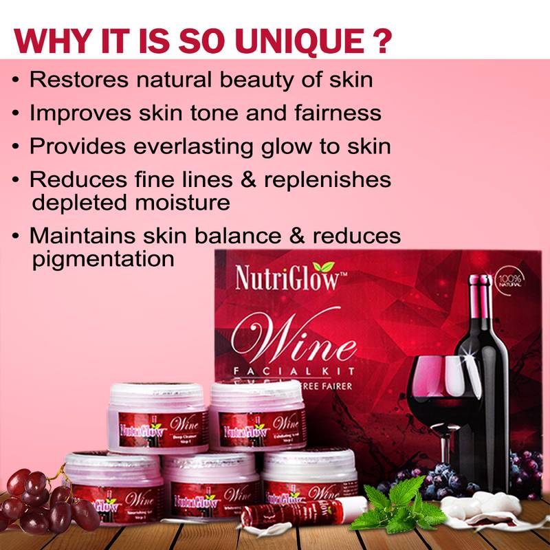 250gm + 10ml Of Wine Facial Kit for Blemish Free Fairer Complexion By NutriGlow 