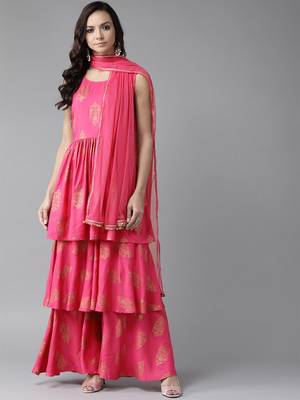 Pink golden print poly ryon salwar 1