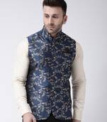 Blue Printed Polyester Nehru Jacket