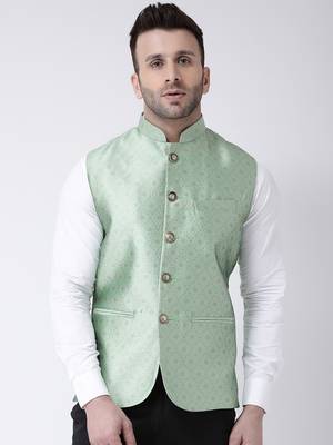 Green Printed Polyester Nehru Jacket 1