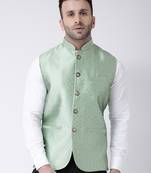 Green Printed Polyester Nehru Jacket