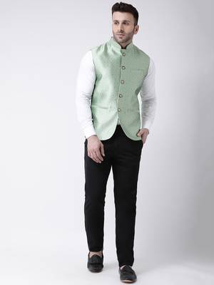 Green Printed Polyester Nehru Jacket 2