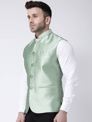 Green Printed Polyester Nehru Jacket 3